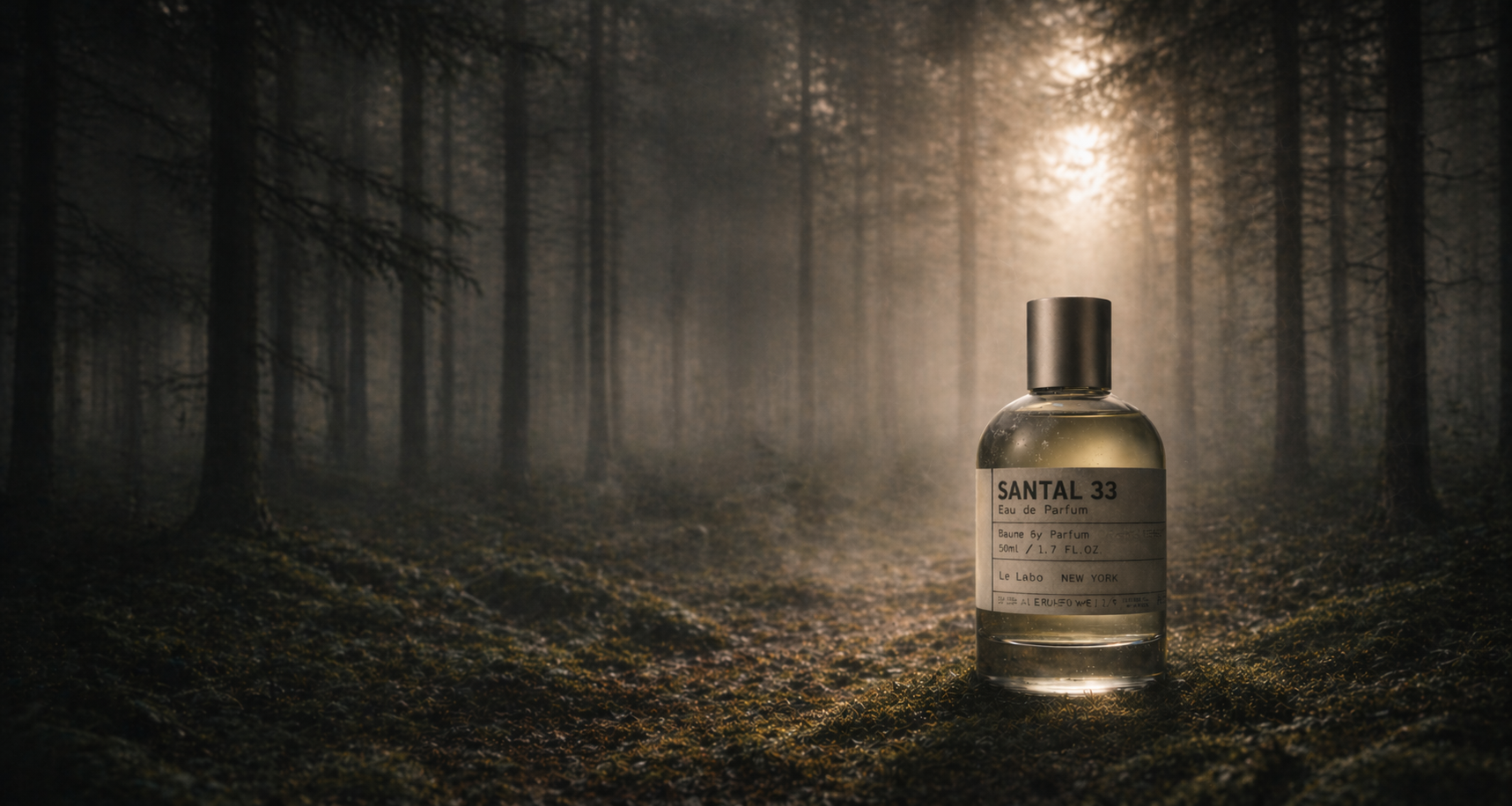 안개가 낀 숲과 르라보 향수가 놓인 메인 비주얼